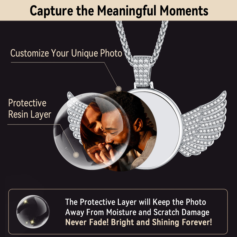 Personalized photo necklace with angel wing pendant, protective layer