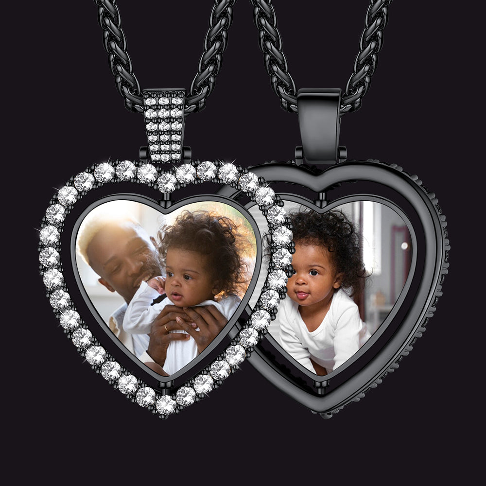 Custom double-sided photo necklace with cubic zirconia