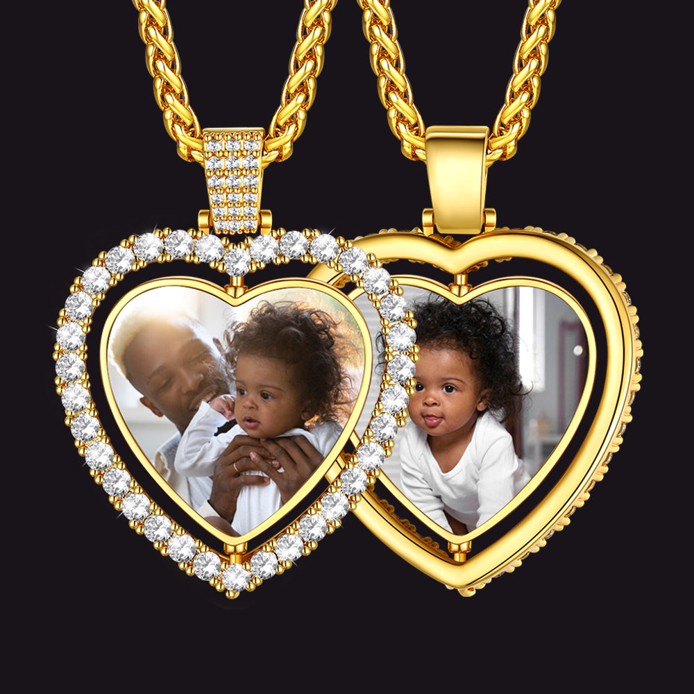Gold heart photo necklace with cubic zirconia, baby photo
