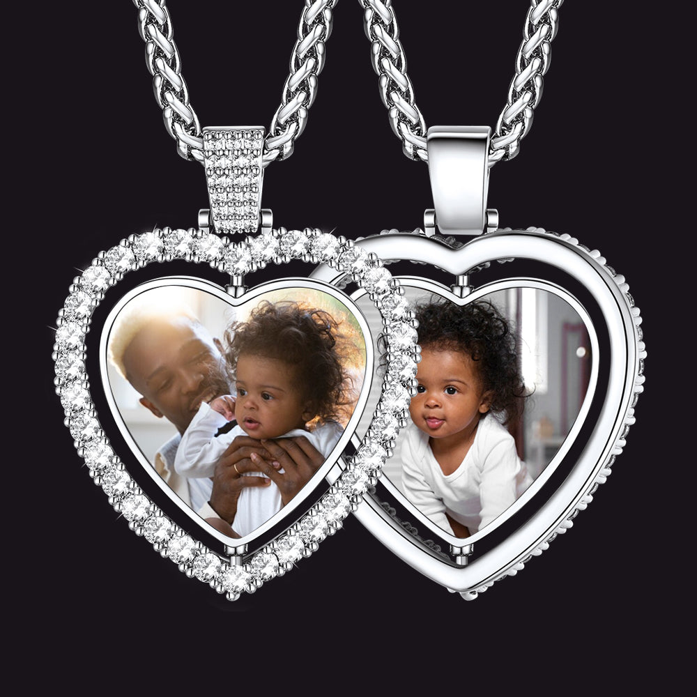 Double-side heart picture photo necklace with cubic zirconia