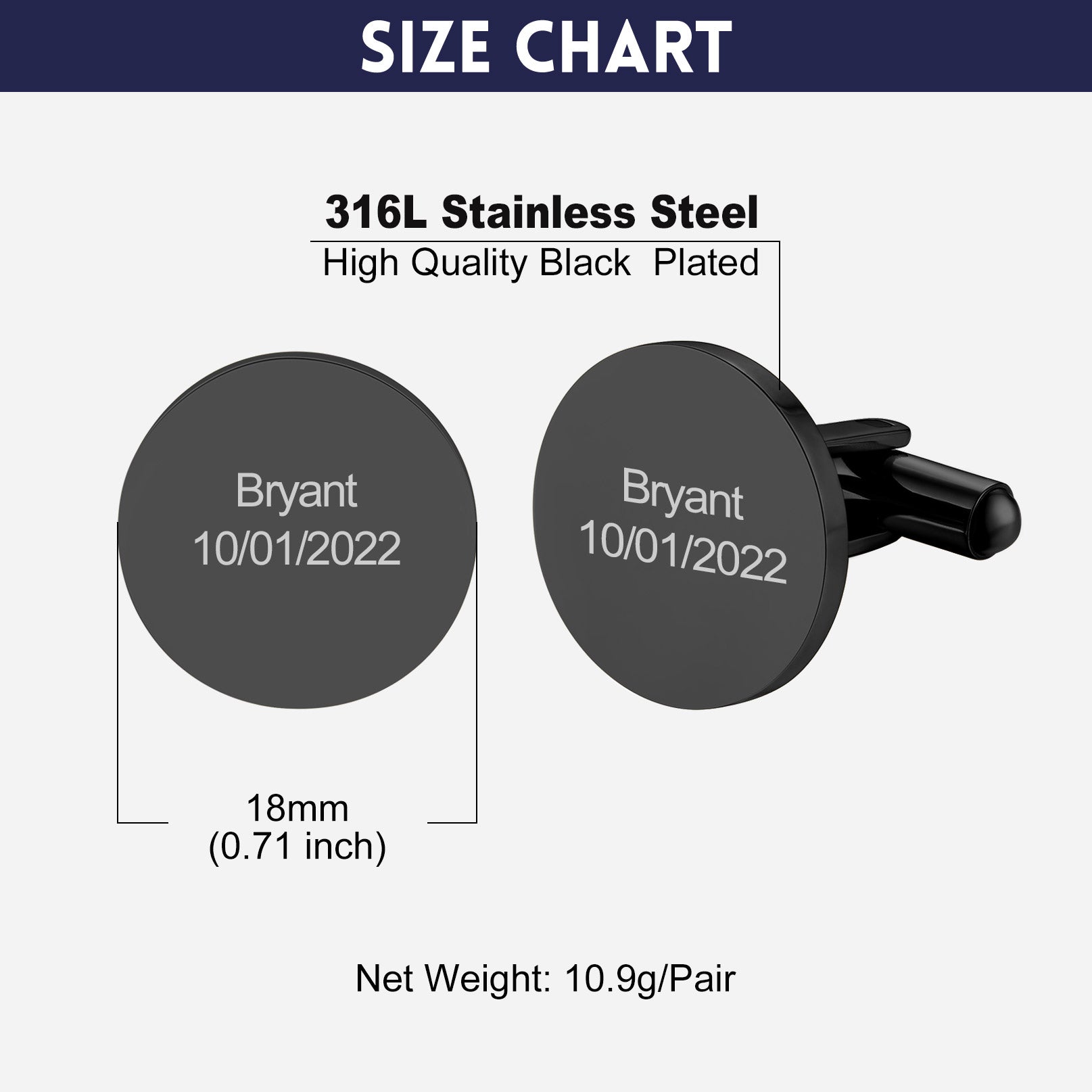 Custom black cufflinks size chart, with engraved name and date