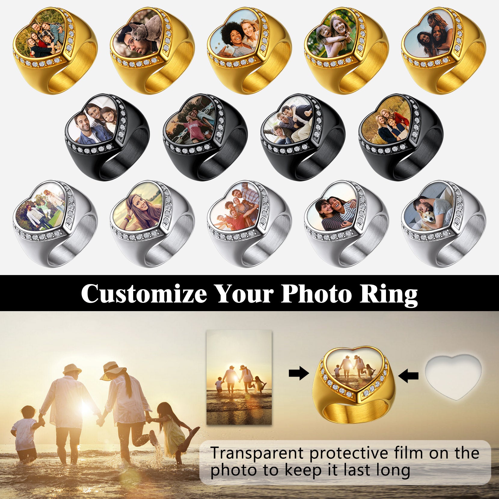 Custom Photo Heart Ring - Personalized Memorial Ring, Customize your photo ring