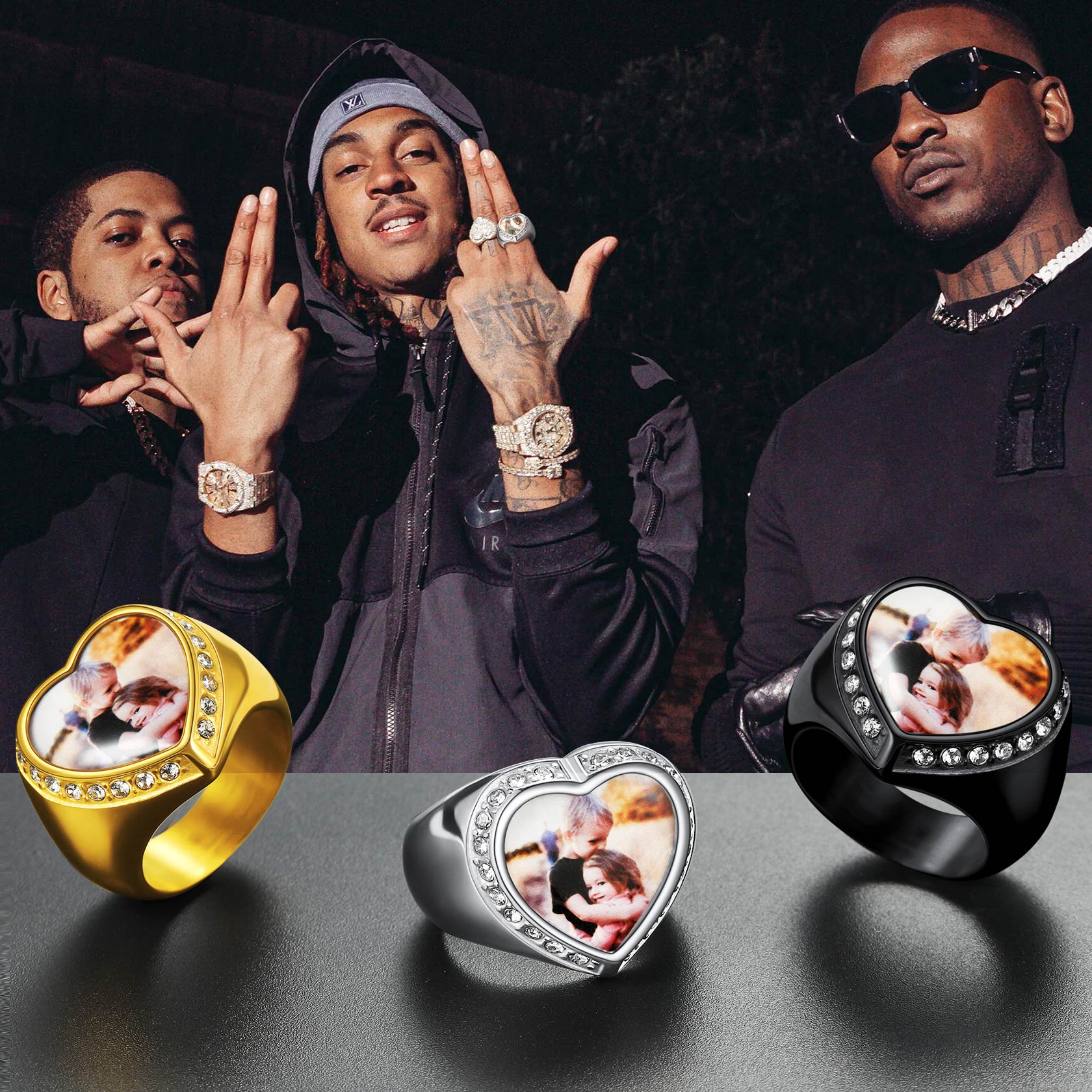 Heart Photo Signet Ring on models. Personalized memorial ring