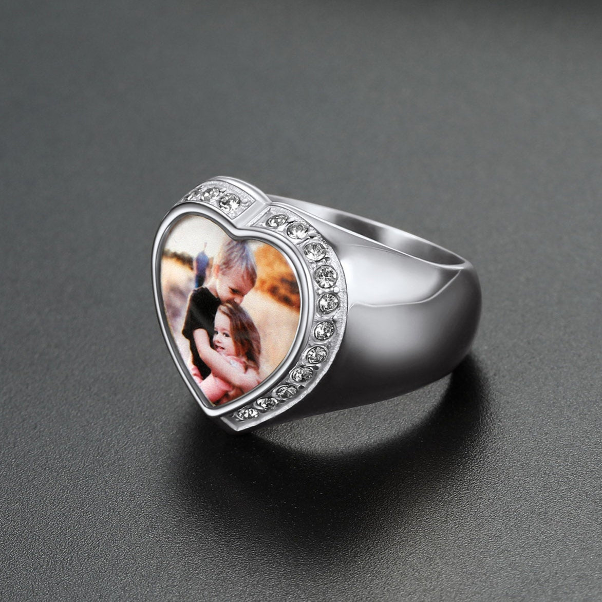 Custom Photo Heart Signet Ring with Sparkling Stones