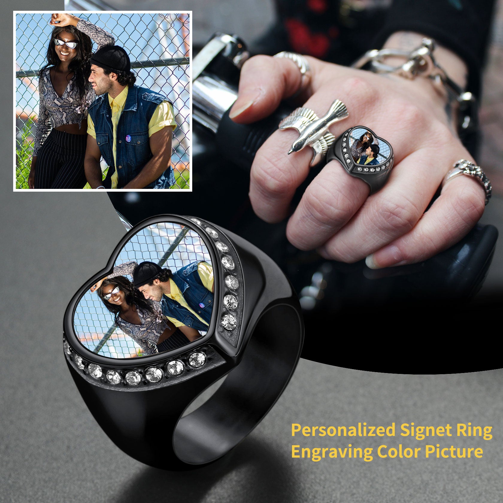 Heart-shaped photo signet ring with a couple's picture, memorial jewelry