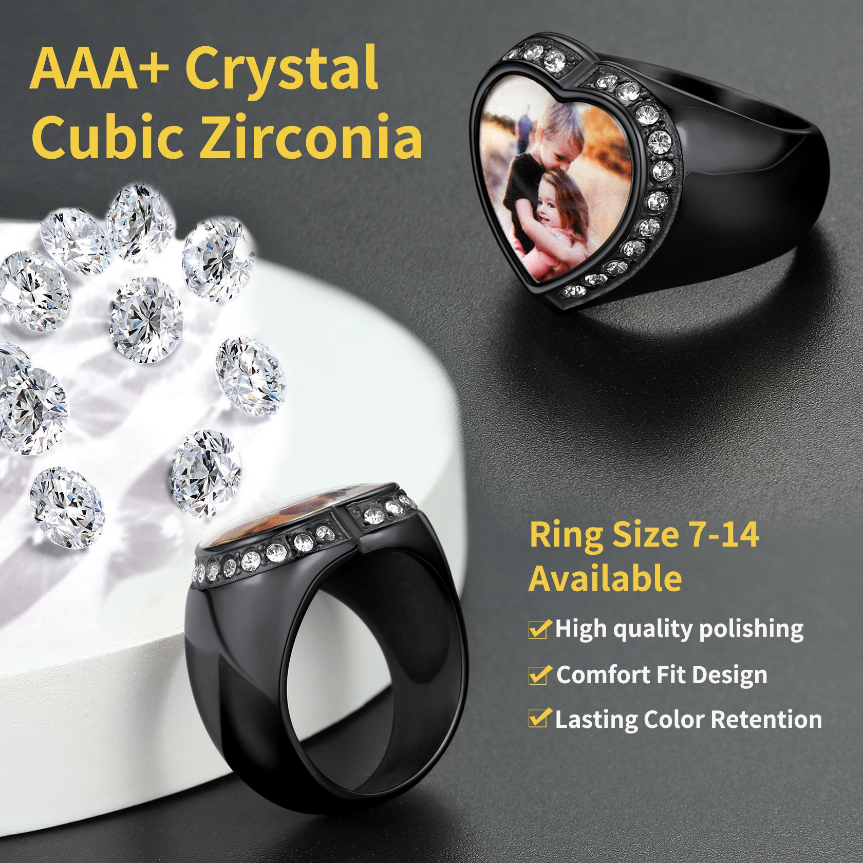 Heart-shaped photo ring with cubic zirconia, available sizes 7-14