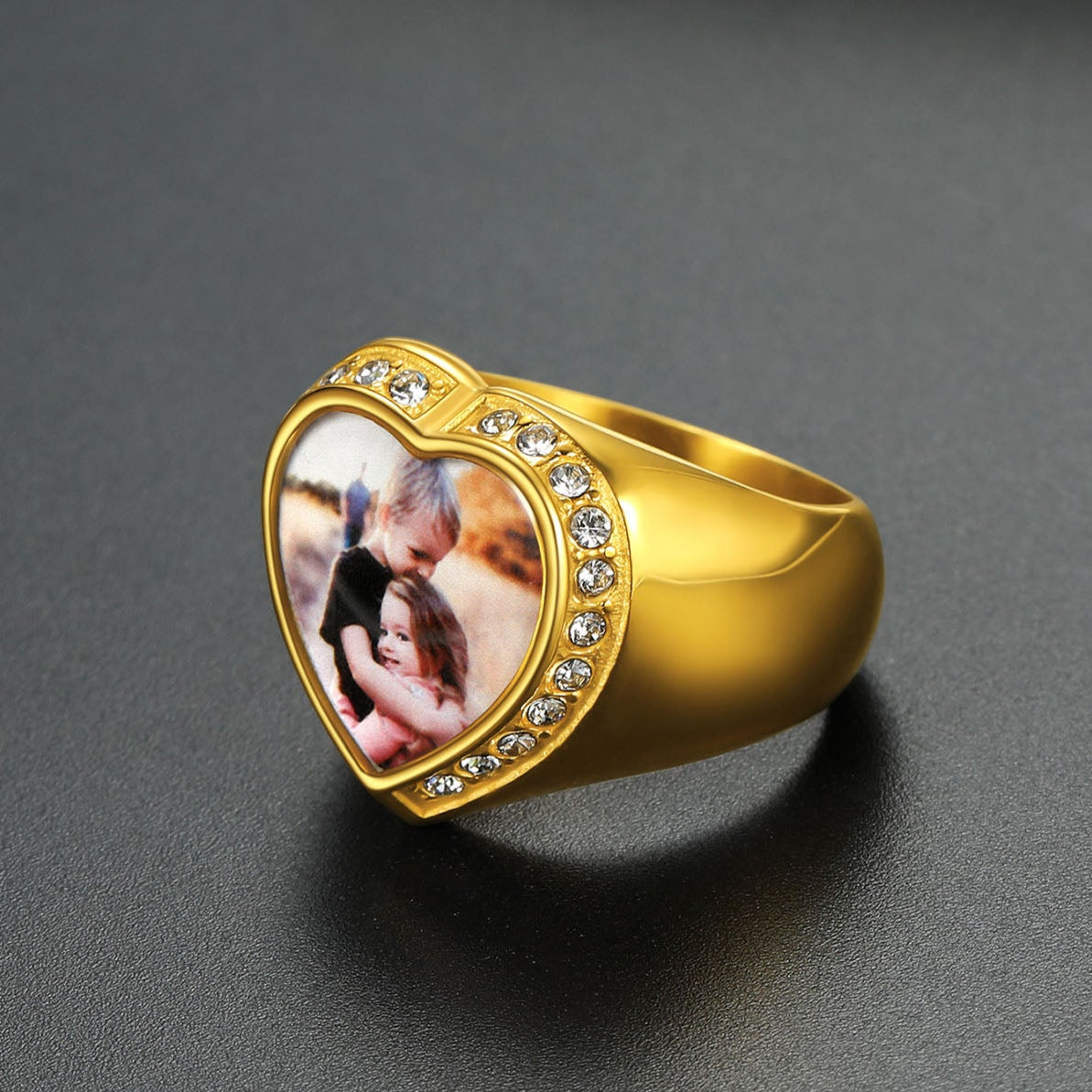 Heart Photo Signet Ring with sparkling stones, memorial ring