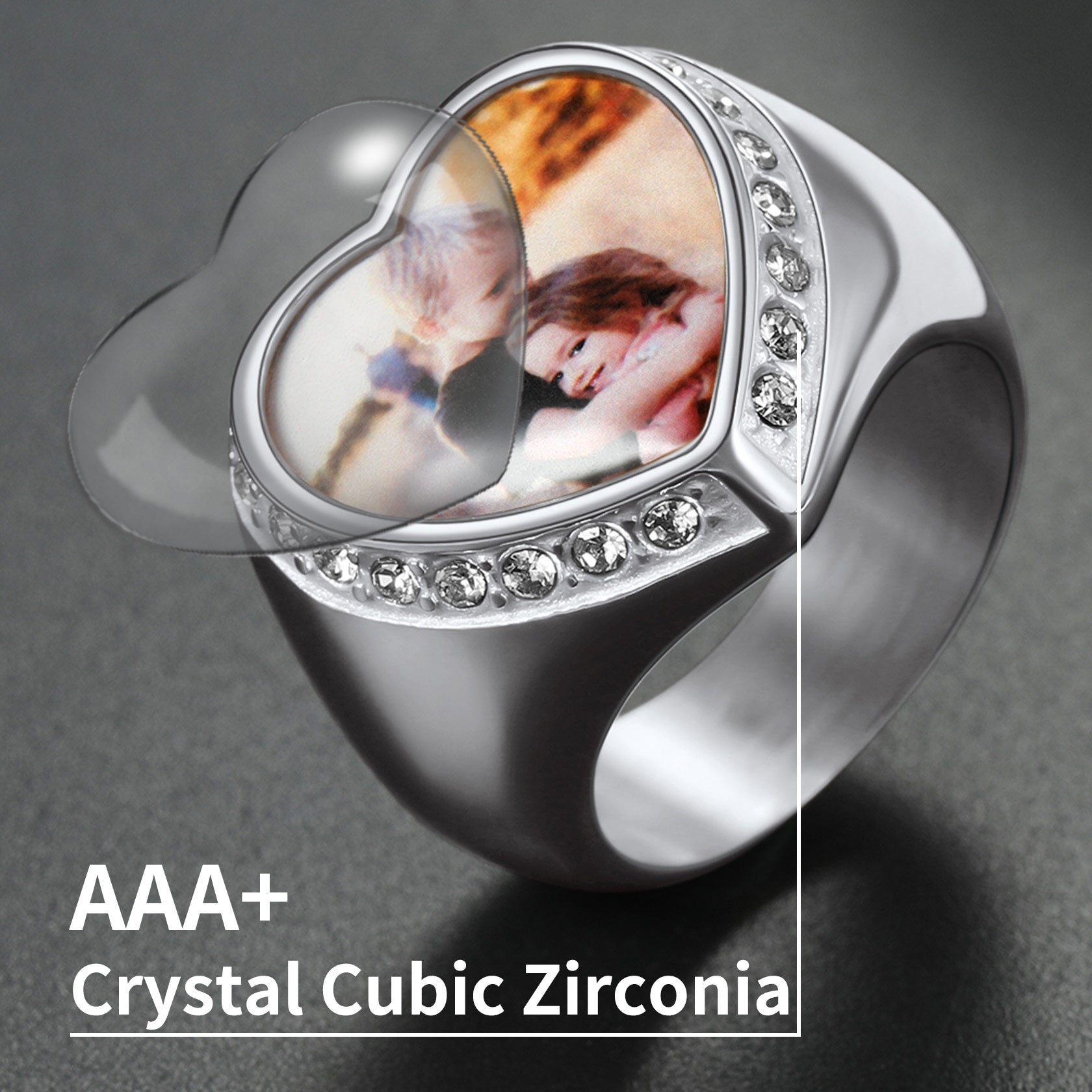 Heart photo ring with Cubic Zirconia, memorial jewelry