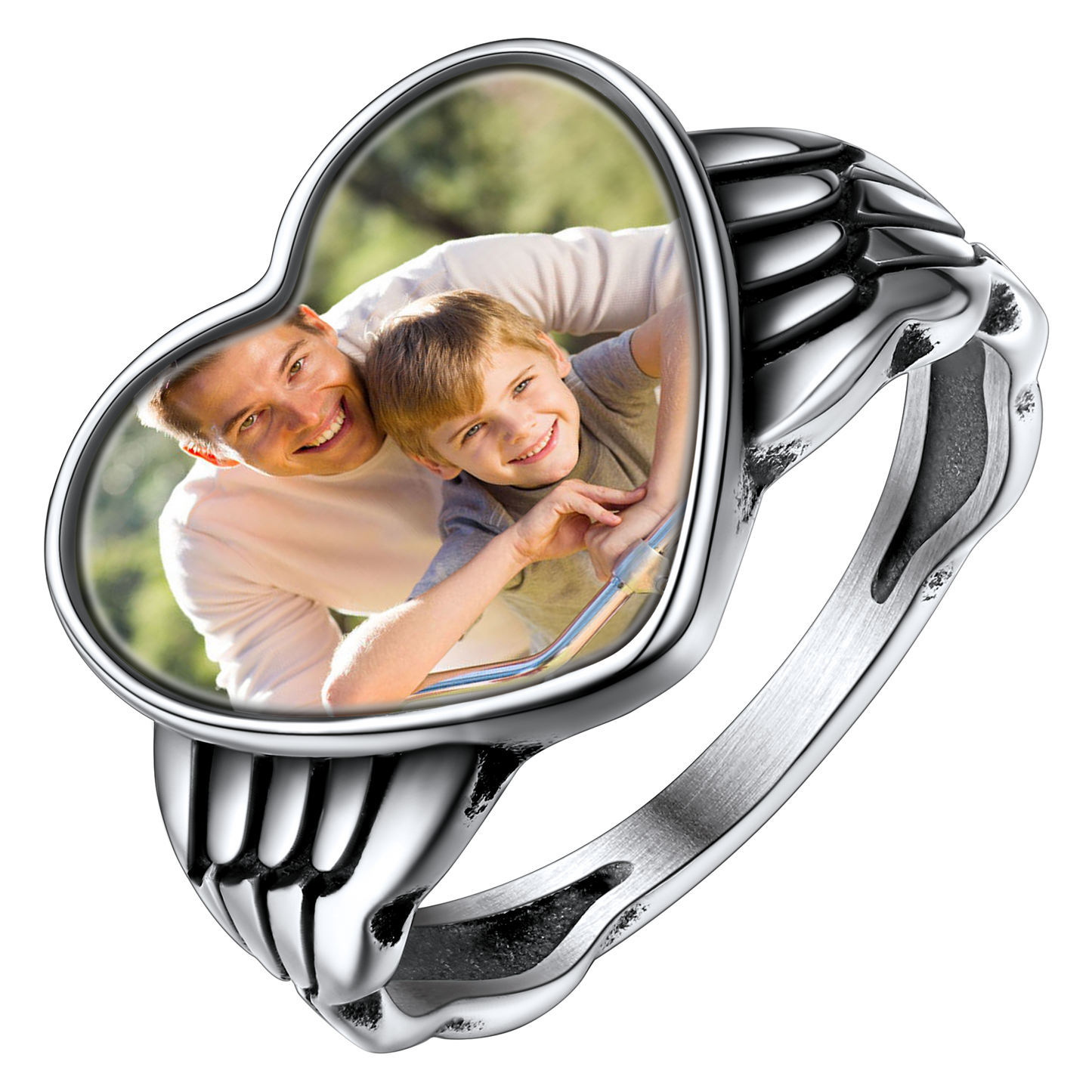 Personalized Photo Heart Angel Wing Ring