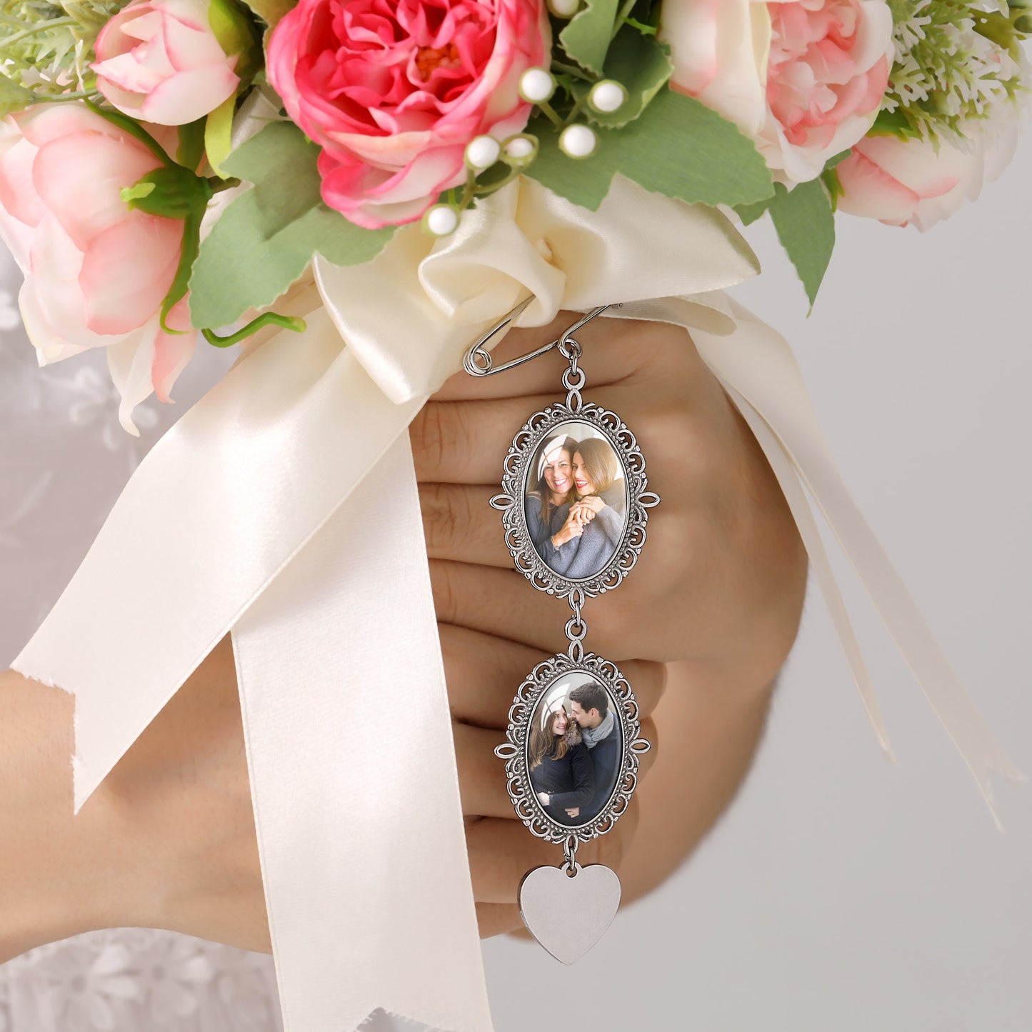 Custom photo lapel pin attached to a bridal bouquet