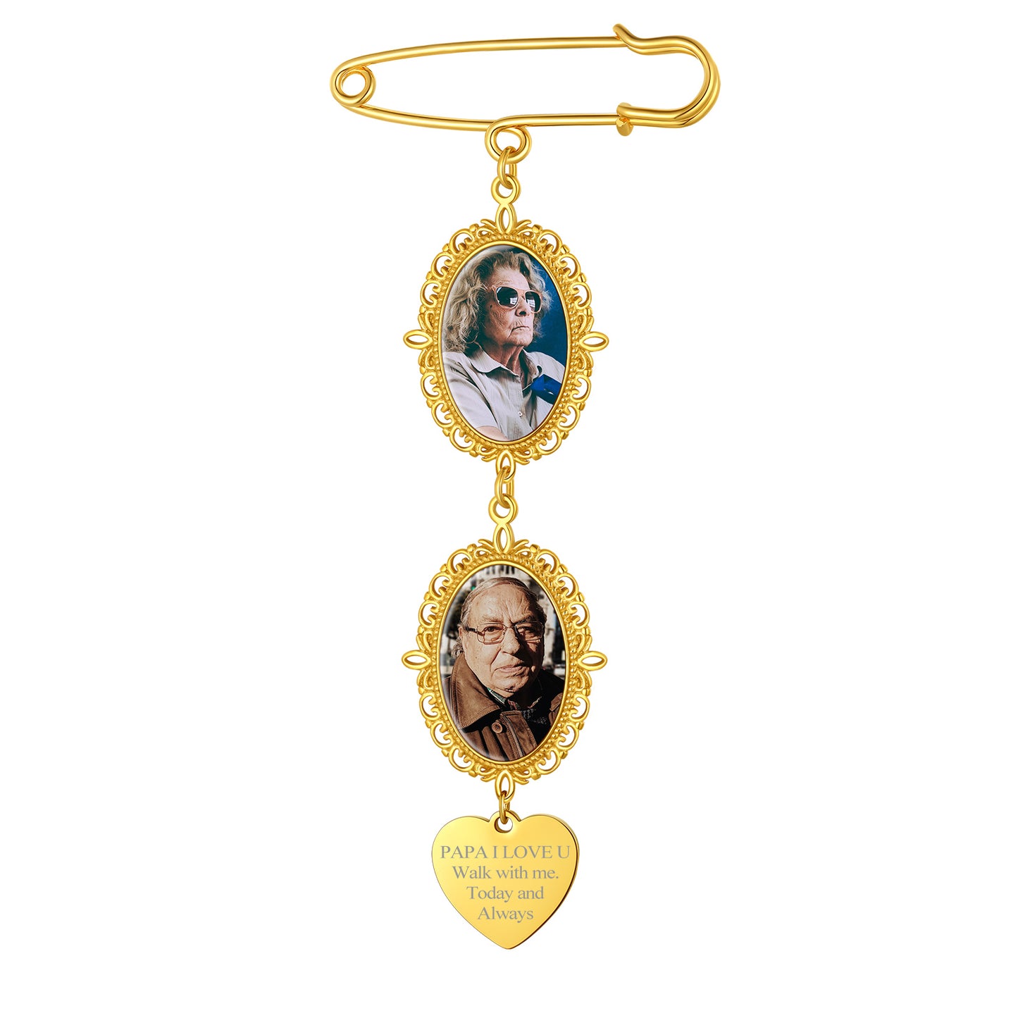 Gold memorial photo lapel pin with engraved heart, wedding keepsake