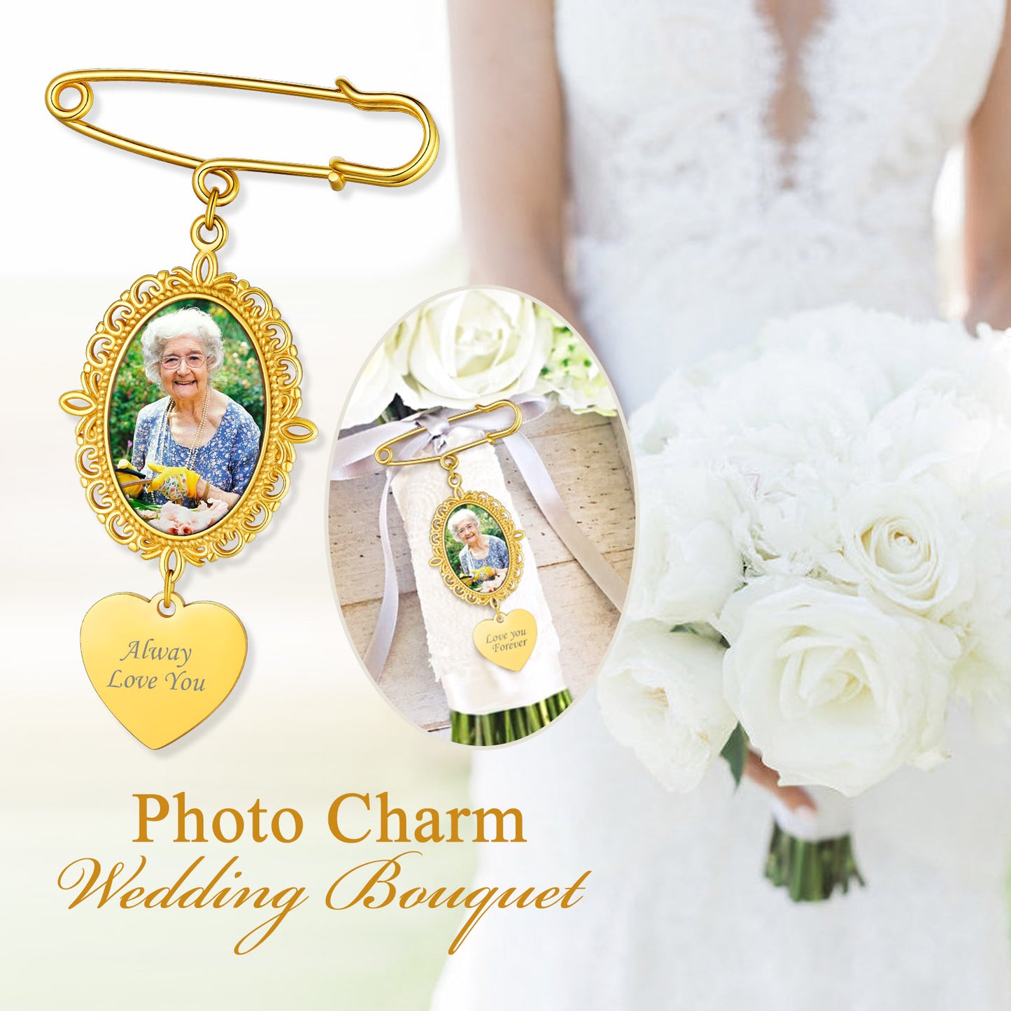 Custom photo charm for wedding bouquet