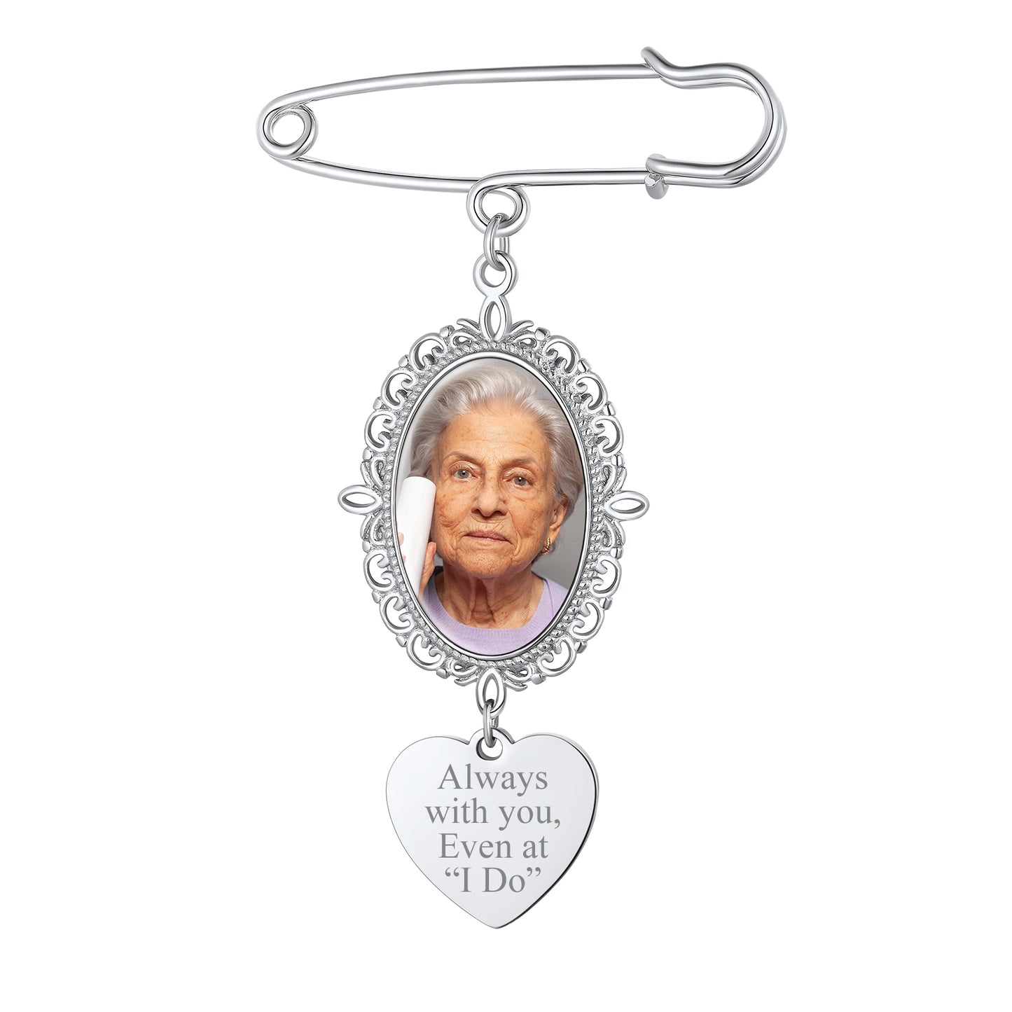 Memorial photo pin with engraved heart pendant