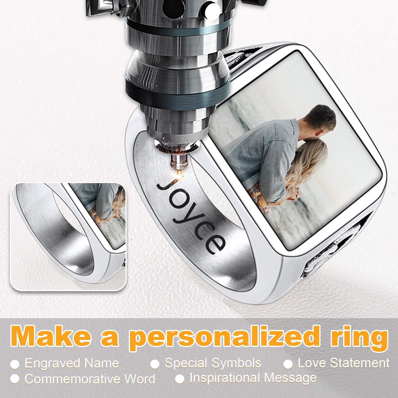 Personalized Photo Ring Engraved with Name, Custom Memorial Jewelry