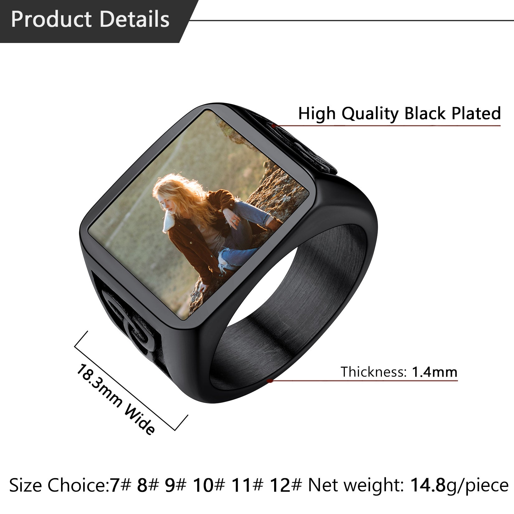 Black Plated Photo Ring with picture, product details