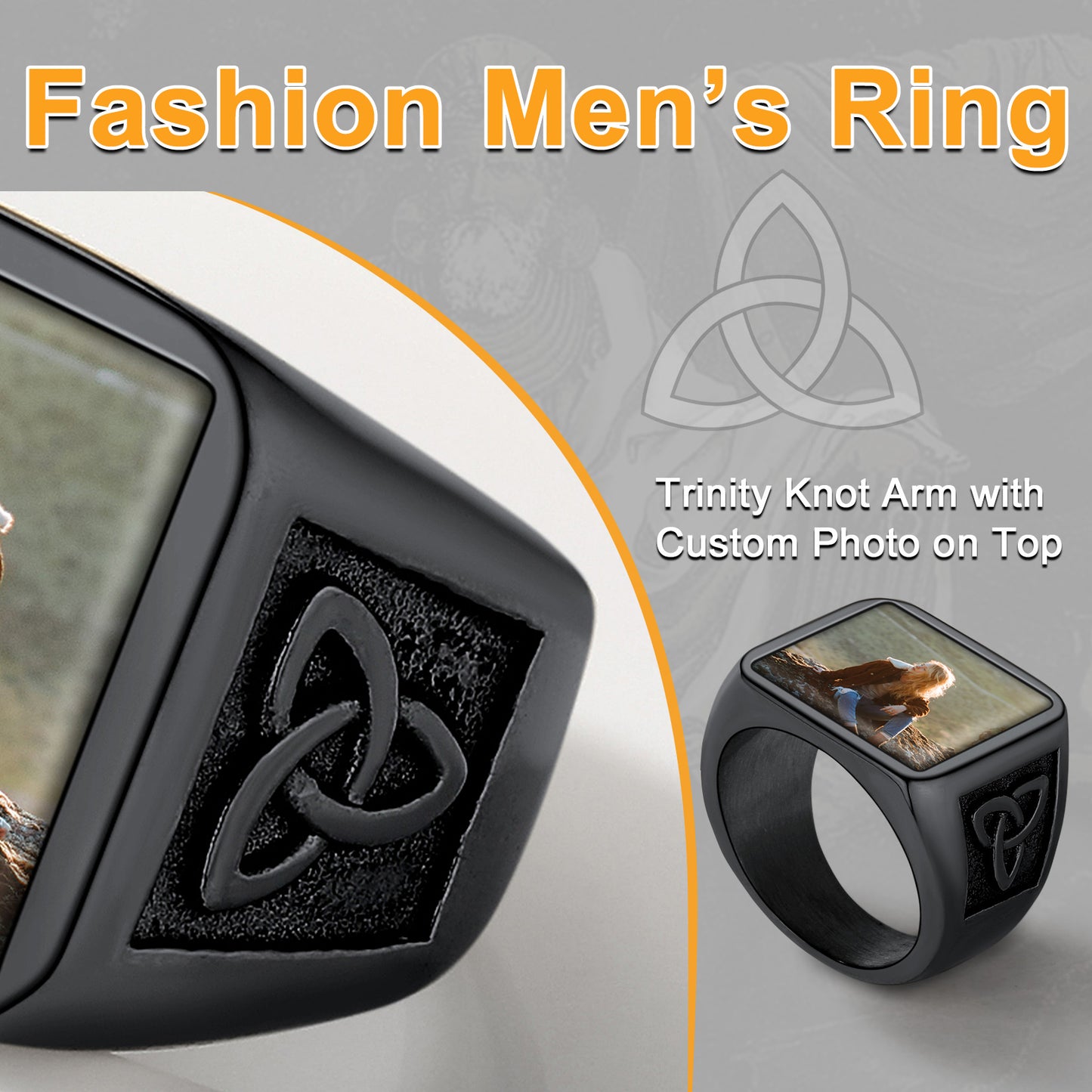 Fashion Men's Ring with Trinity Knot and custom photo