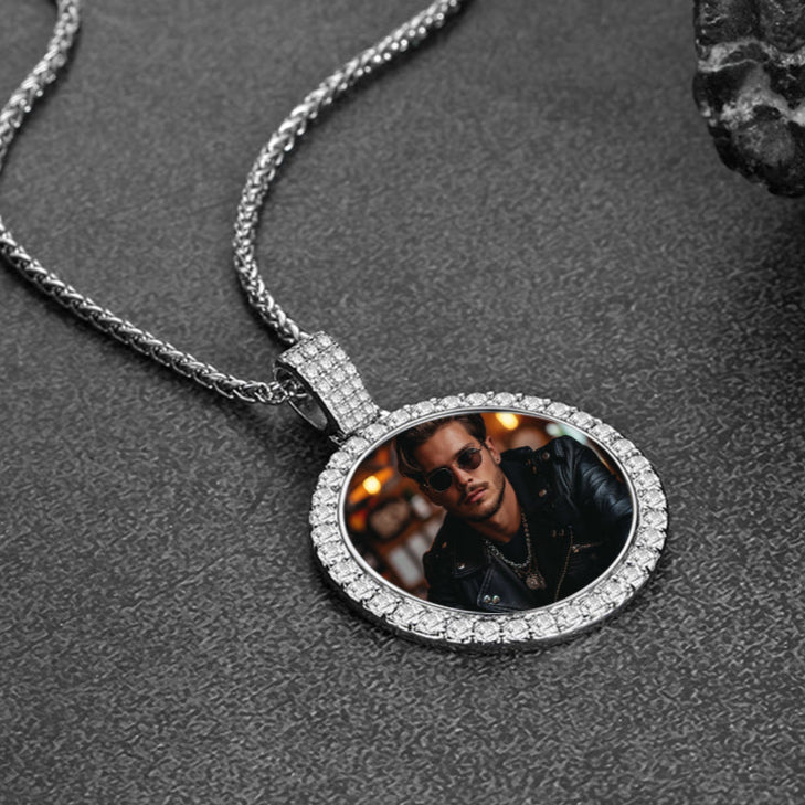 Silver Customized Zircon Picture Necklace Memorial Pendant for Men