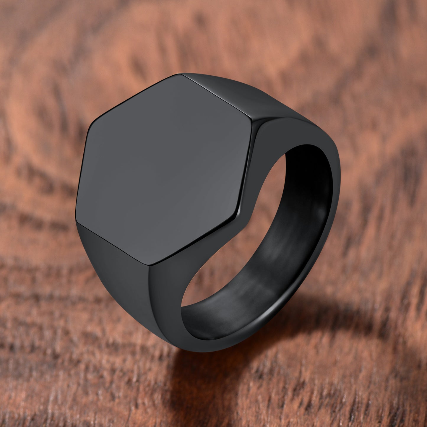 Black stainless steel hexagon signet ring for men