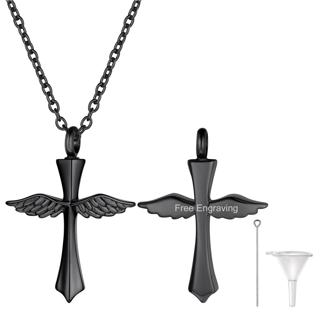 Custom Wings Cross Urn Pendant Cremation Necklace for Men Women