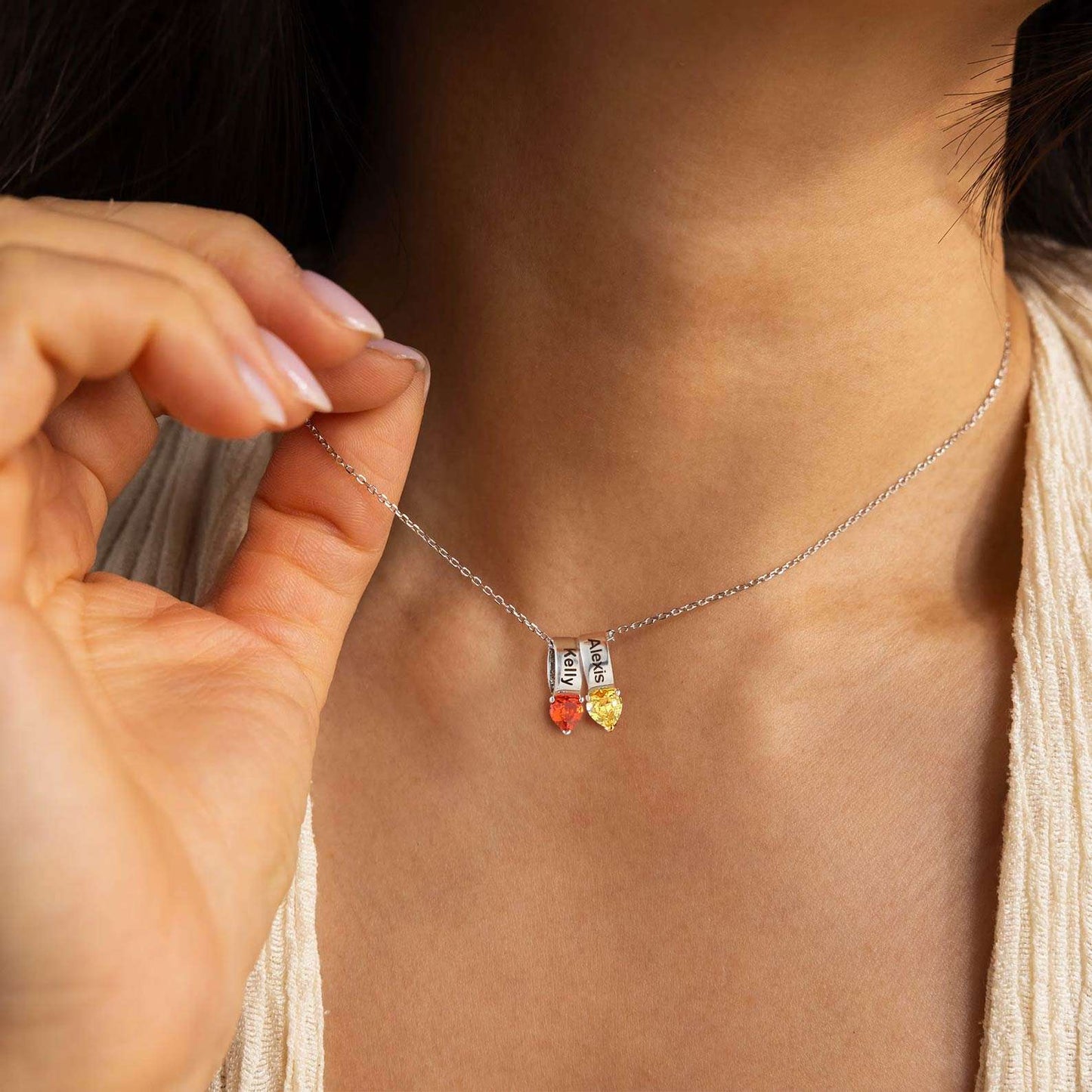 Custom 1-5 Names Heart Birthstone Necklace