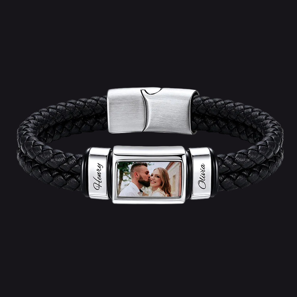 Custom 2 names photo braided leather bracelet for men