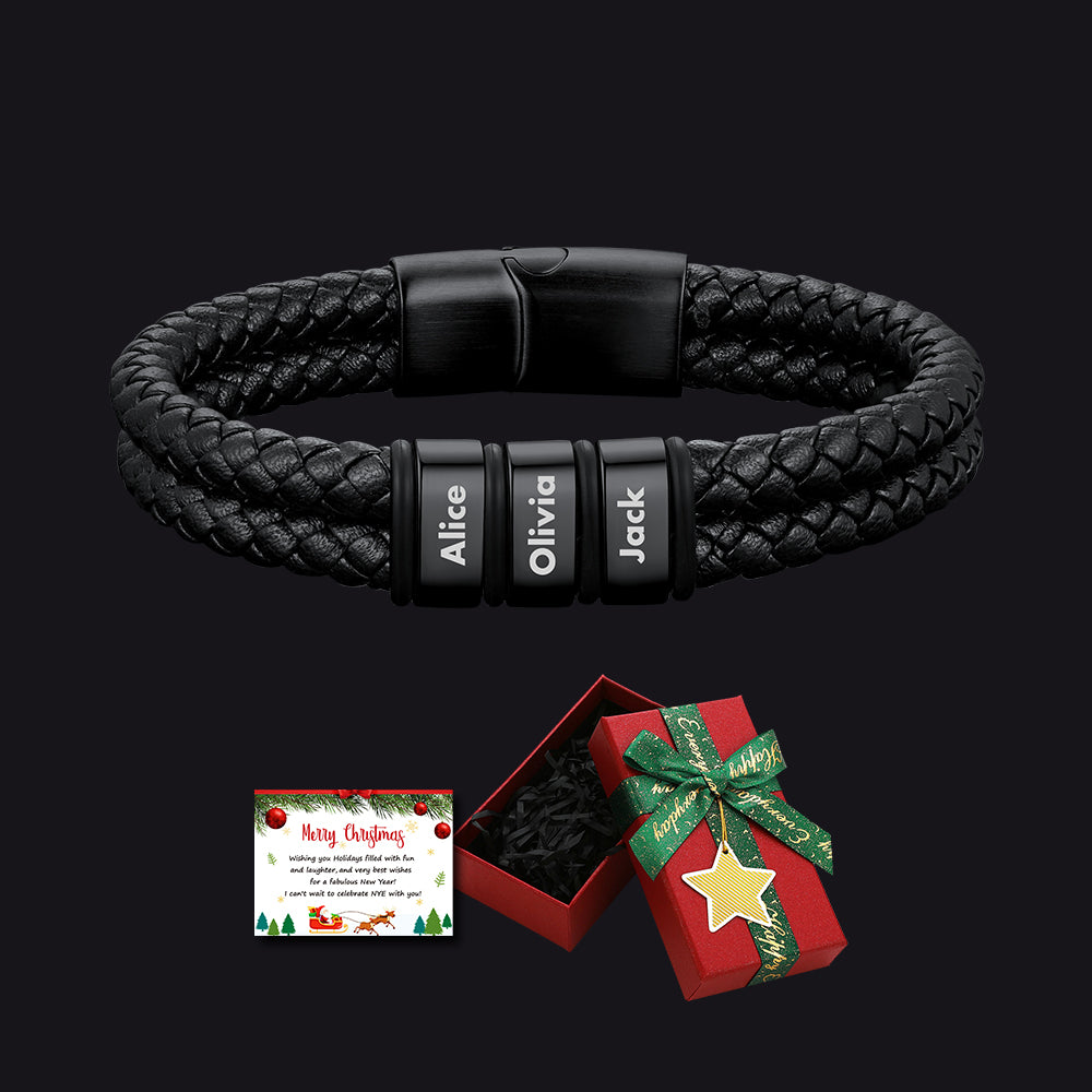 Custom Name Braided Leather Bracelet with Christmas Gift Box & Card
