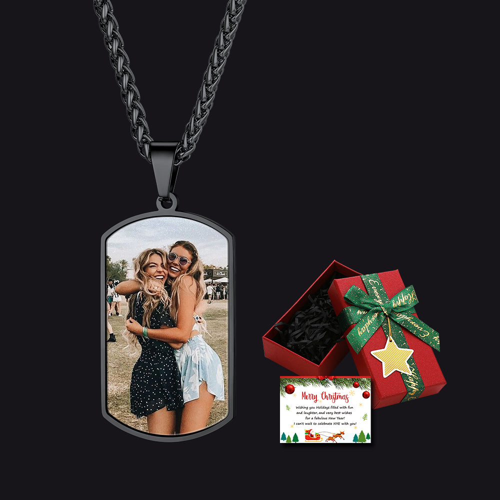Custom Photo Dog Tag Necklace with Christmas Gift Box & Card