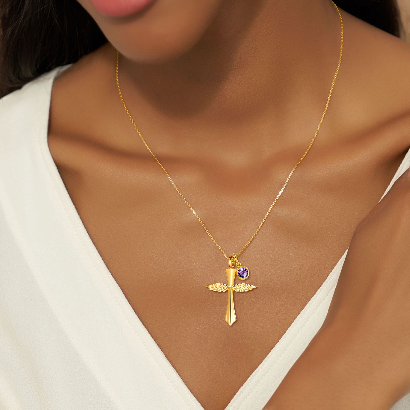Custom Wings Cross Birthstone Urn Pendant Cremation Necklace for Men Women