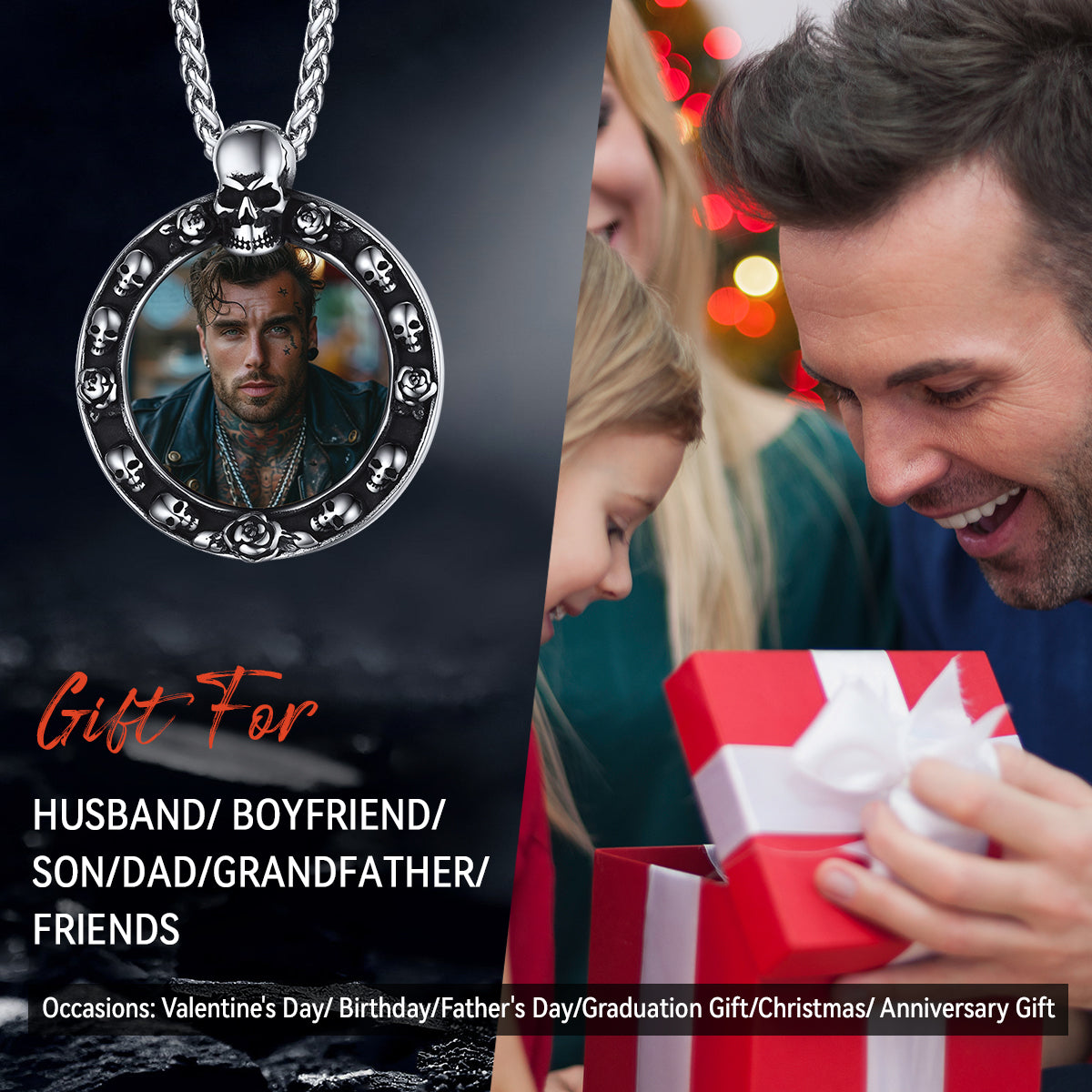 Customized Engraved Photo Necklace with Skull for Men Women FaithHeart