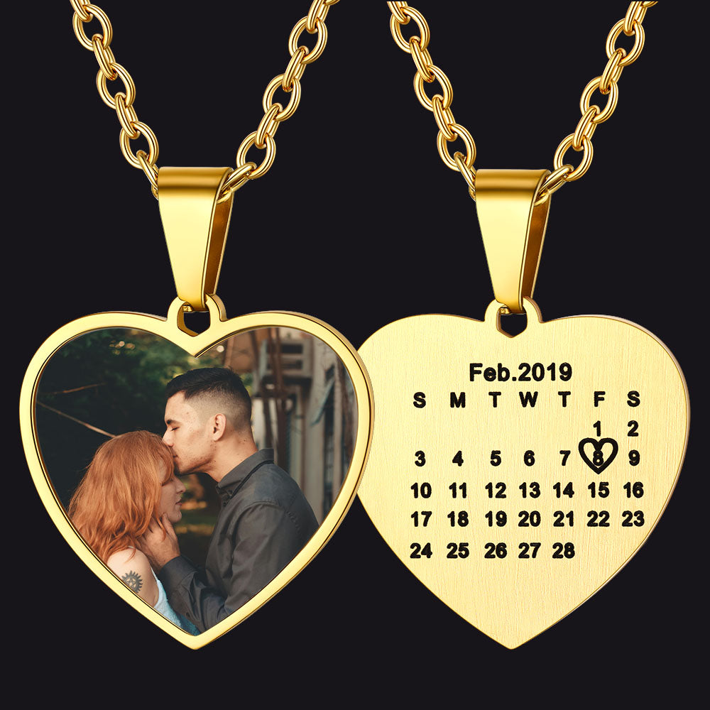 Gold heart photo necklace with calendar, personalized memorial gift