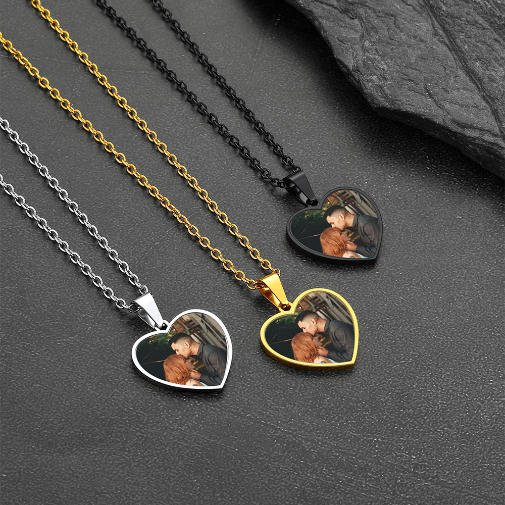 Heart-shaped photo necklaces in silver, gold, and black, perfect personalized gift