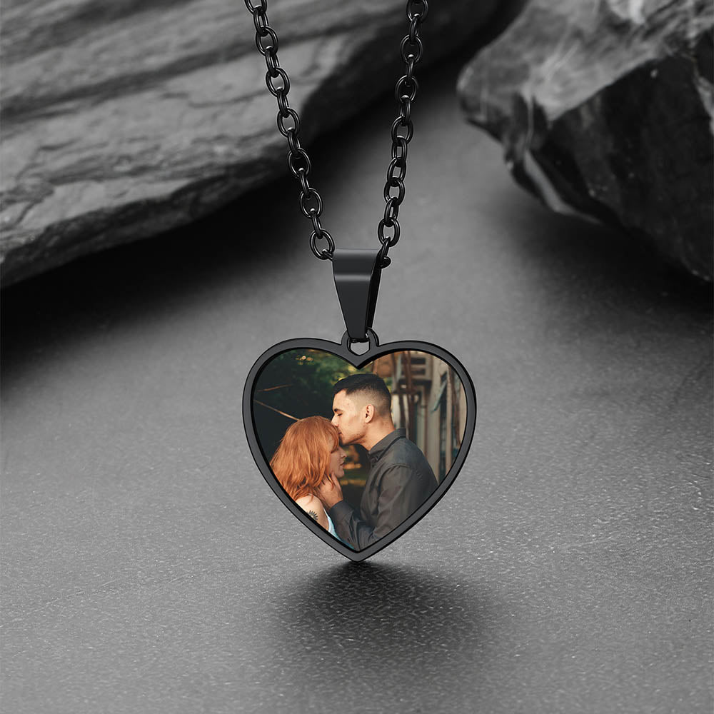 Black heart photo necklace with a photo of a couple kissing, memorial gift