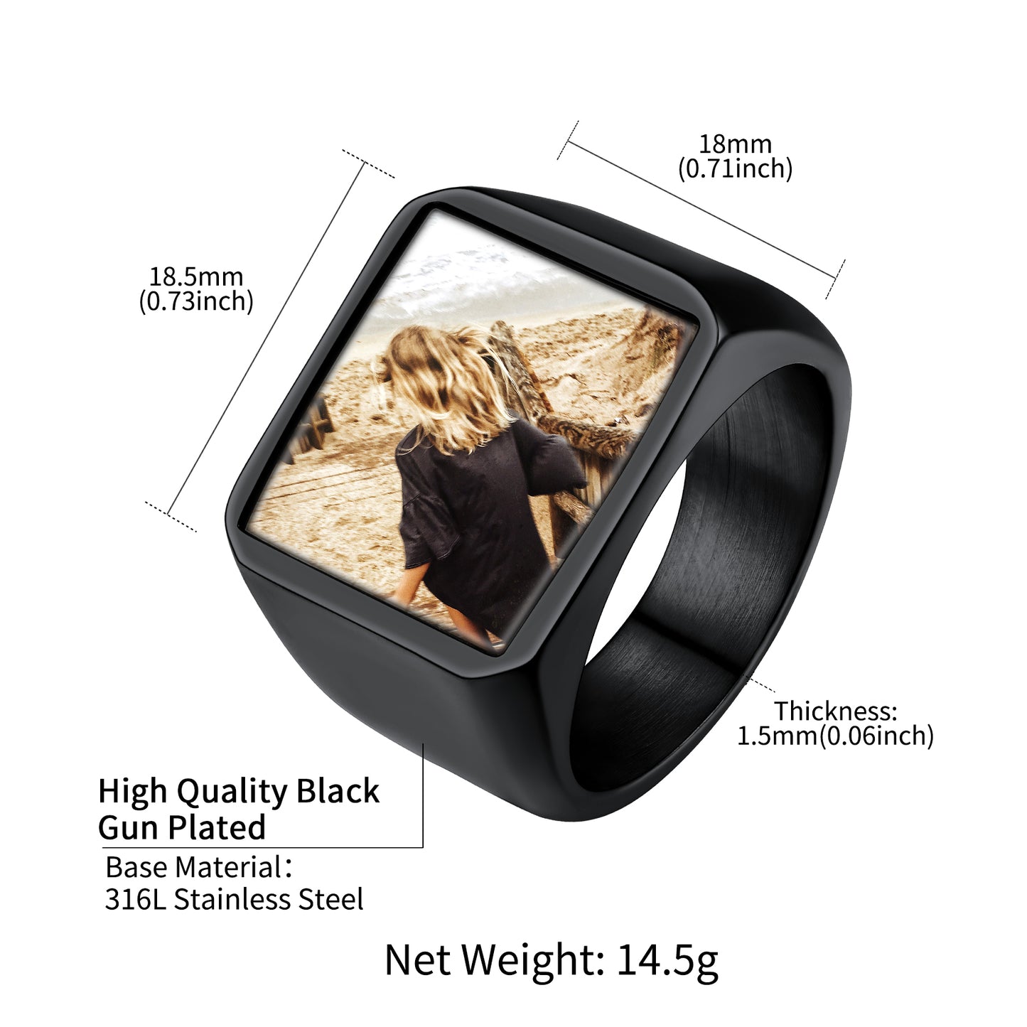 Black signet ring with a custom photo engraved for men and women. 316L stainless steel