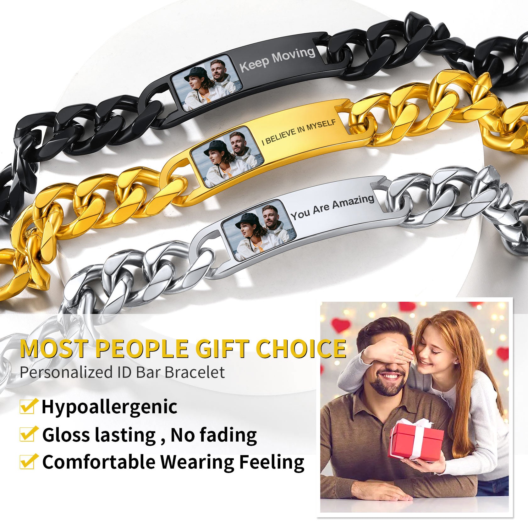 Custom Photo Cuban Chain Bracelet for Men - with custom engraved text
