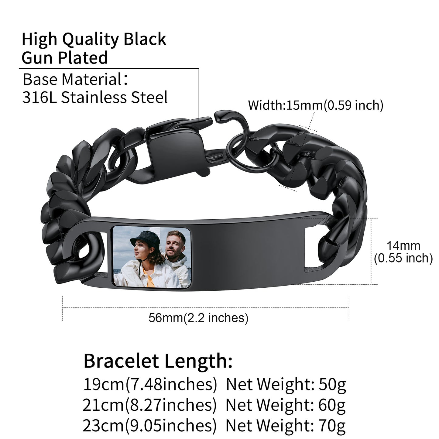 Black stainless steel photo Cuban bracelet, gift for men