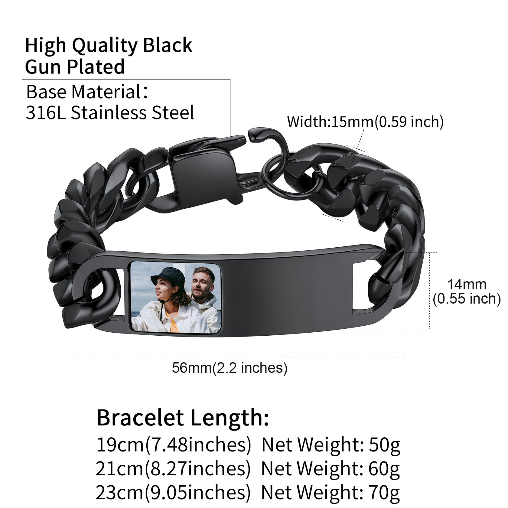 Black stainless steel photo Cuban bracelet, gift for men