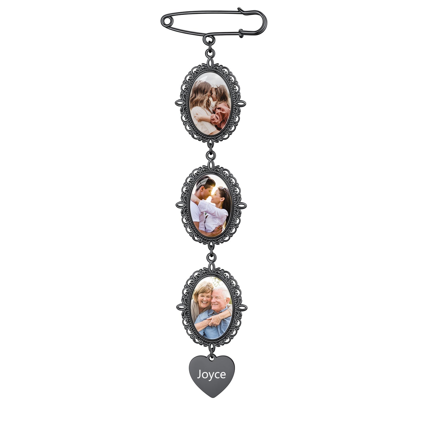 Personalized memorial photo pin with Joyce engraved heart pendant