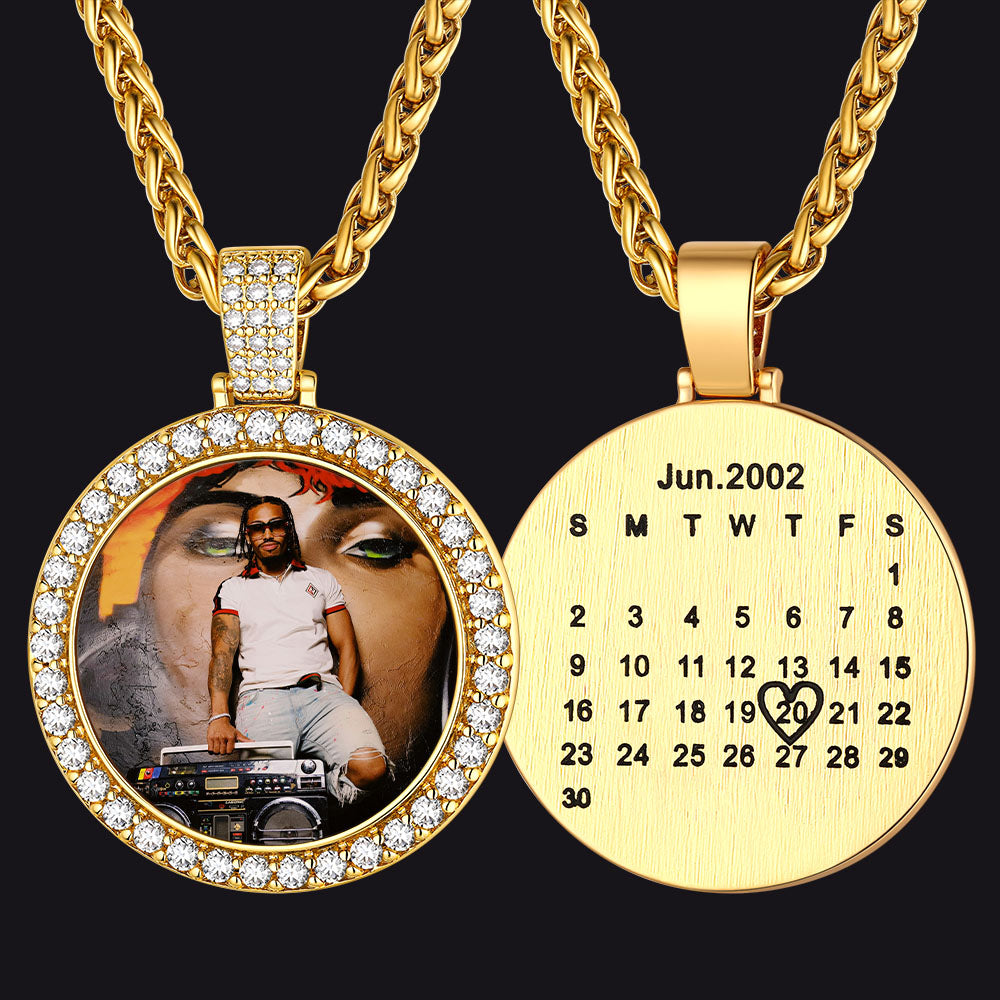 Gold Custom Photo Circle Necklace with Calendar and Photo