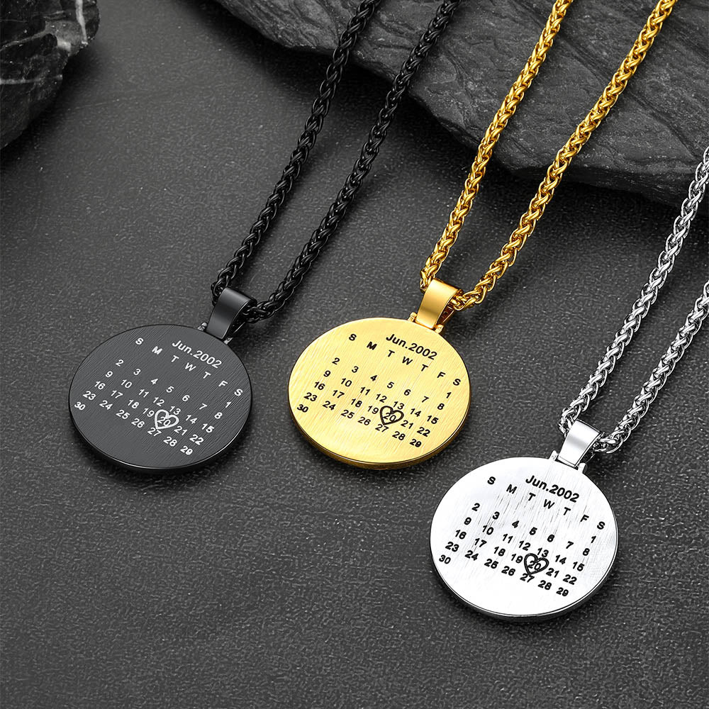 Custom calendar circle necklaces in black, gold, and silver