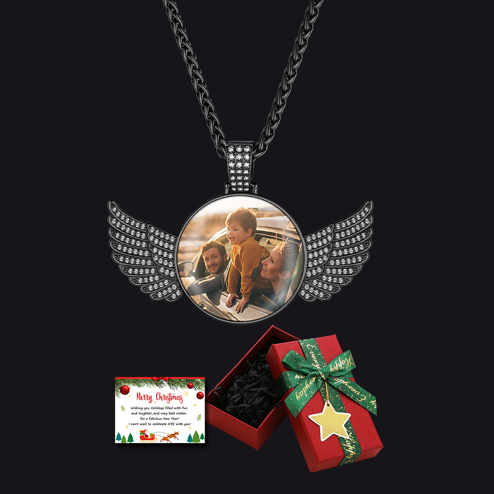 Black Custom Angel Wings Photo Necklace with Christmas Gift Box & Card