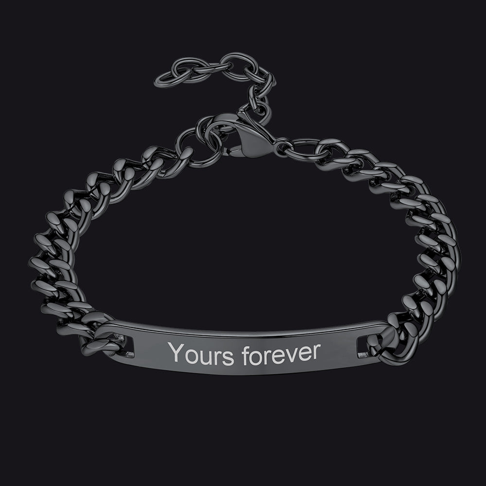 Black chain bracelet with 'Yours forever' engraving on a black background