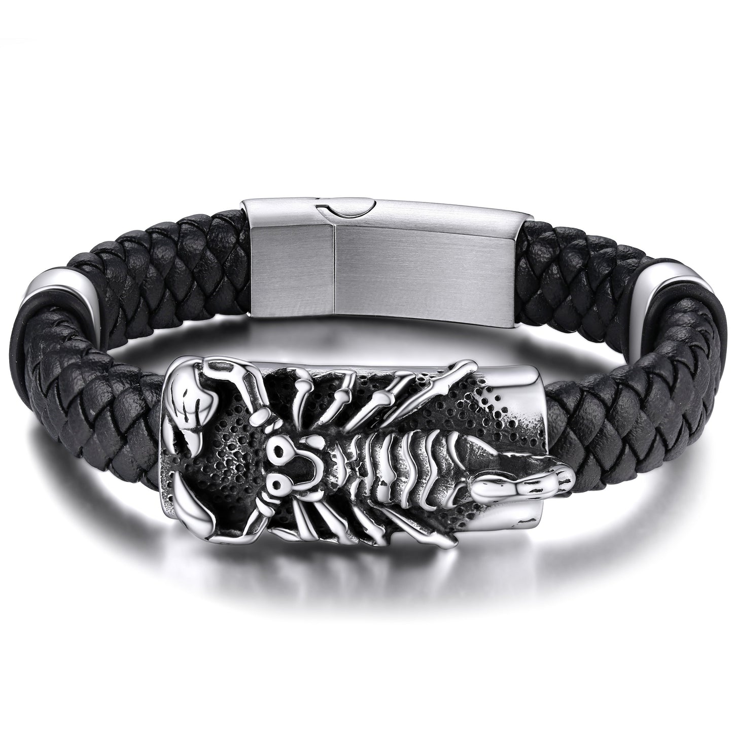 Mens black braided leather bracelet with scorpion design