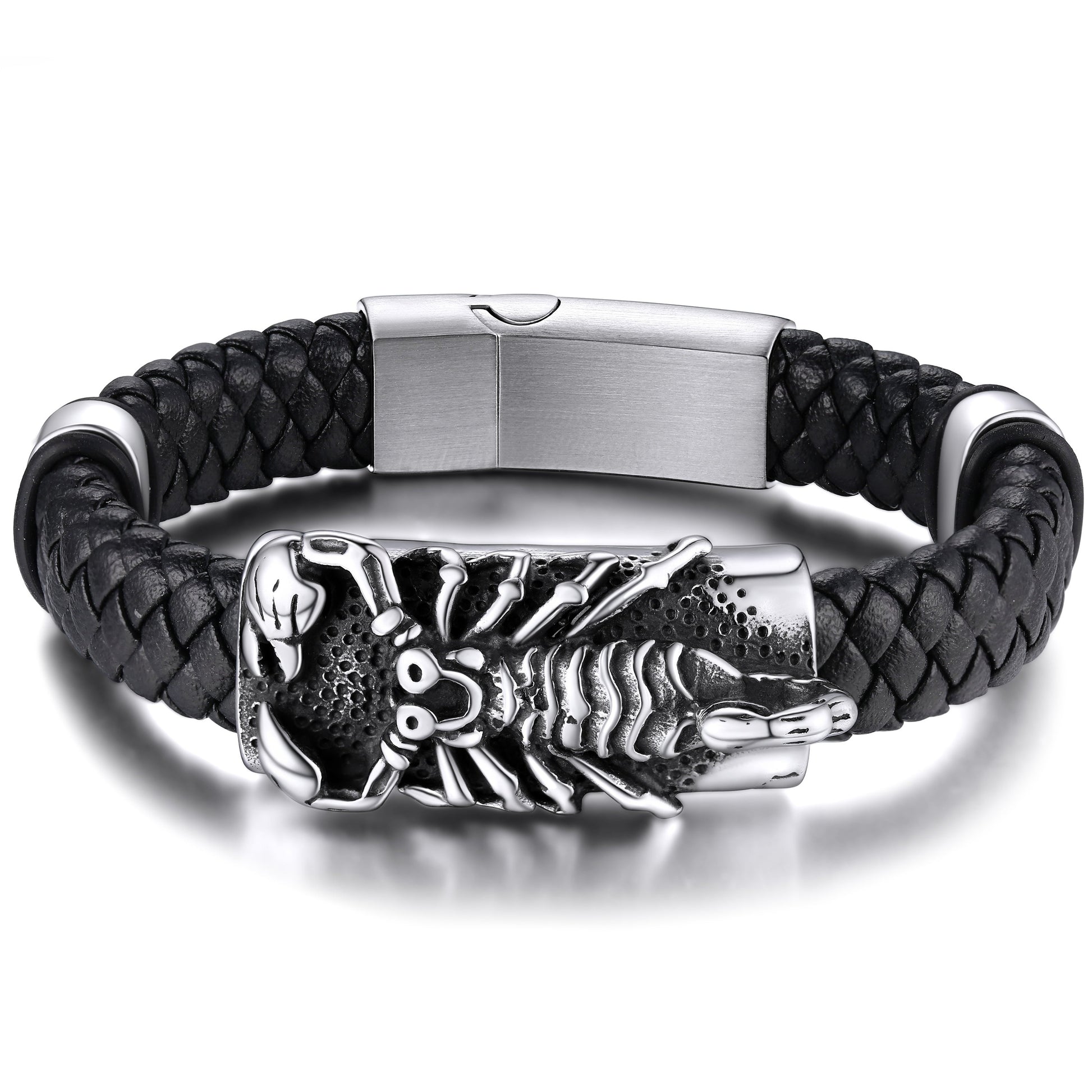 Mens black braided leather bracelet with scorpion design