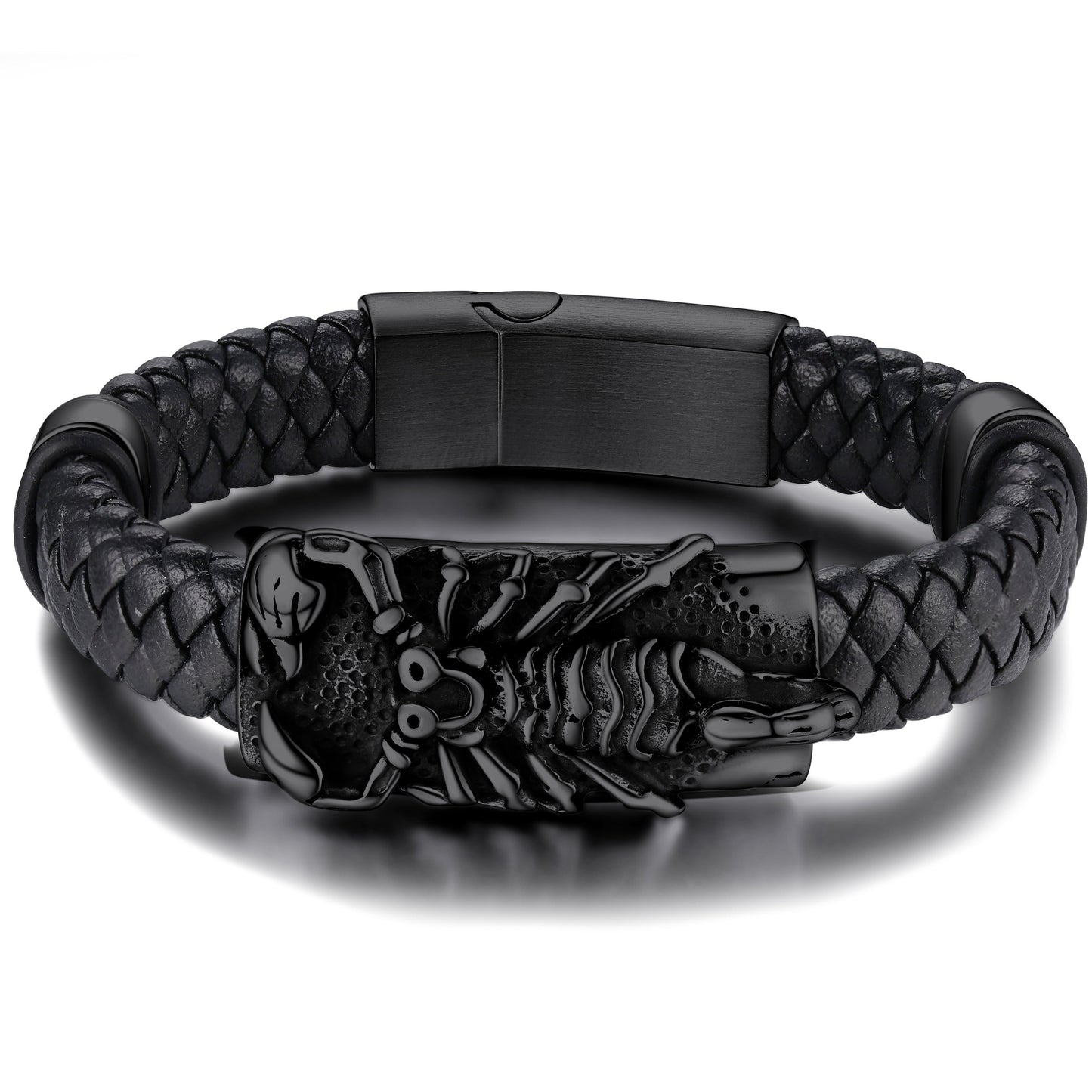 Black scorpion bracelet for men, braided leather