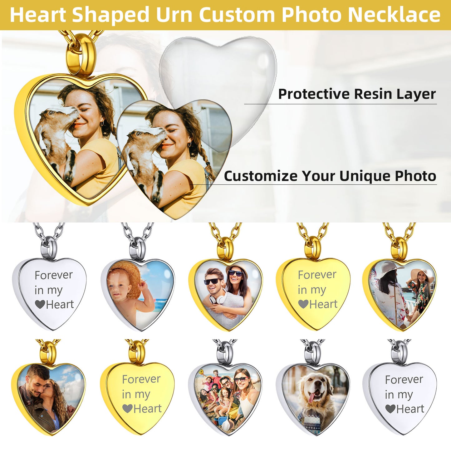 Personalised Picture Heart Urn Pendant Necklace for Ashes Pet Cremation Jewelry