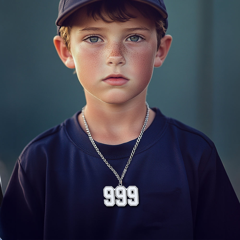 Boy with sports jersey number 999 pendant necklace