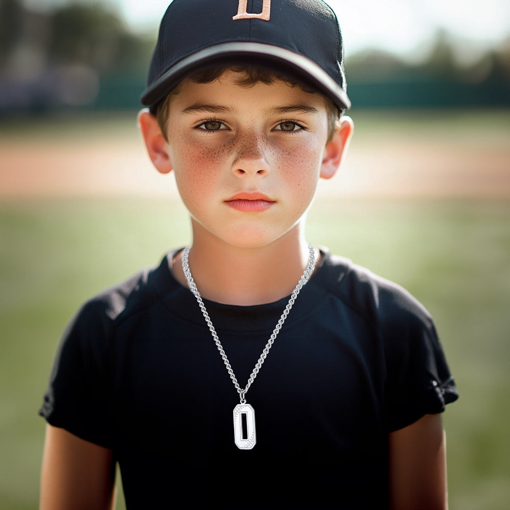 Boy wearing a custom baseball number pendant necklace