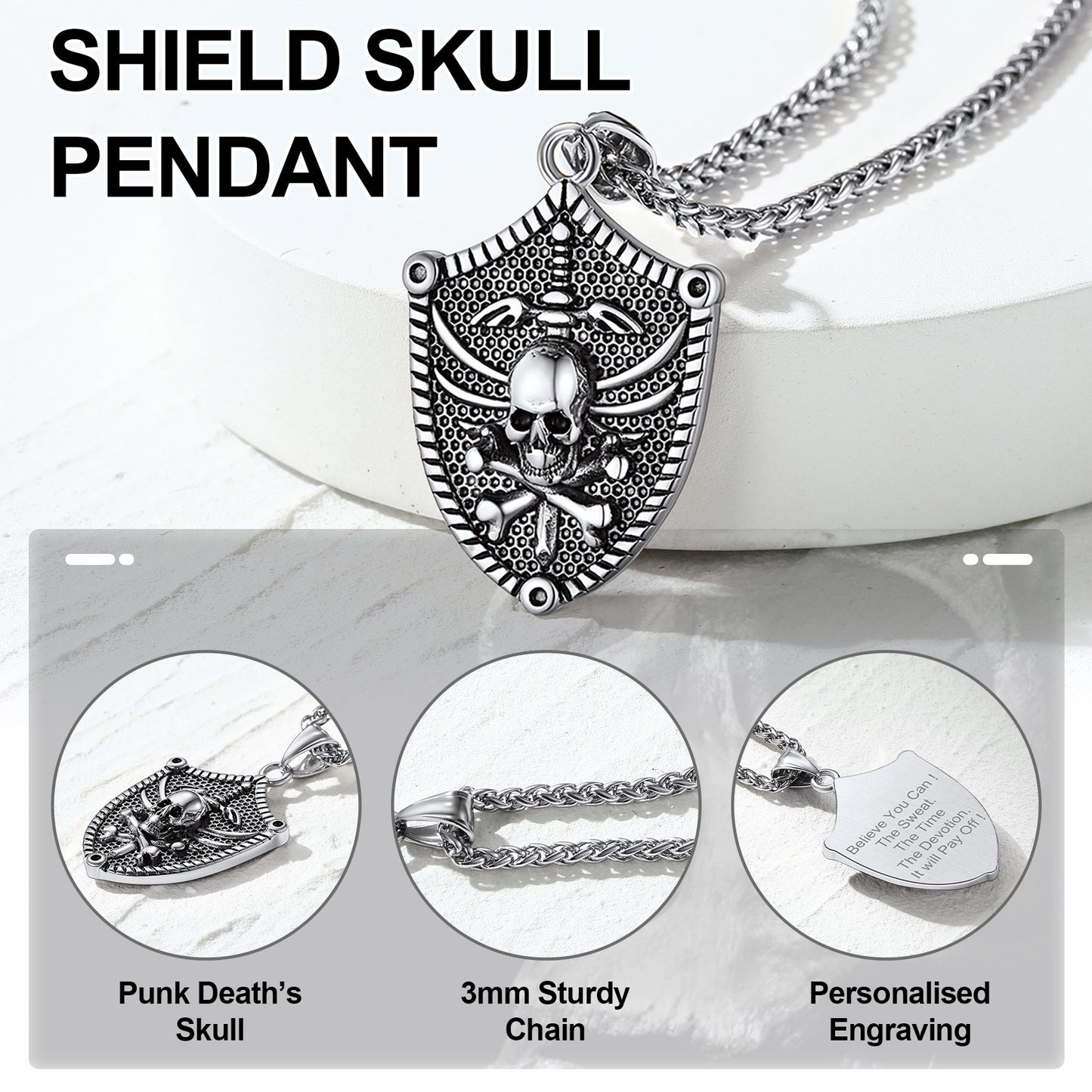 Shield Skull Pendant Necklace for Men Boys