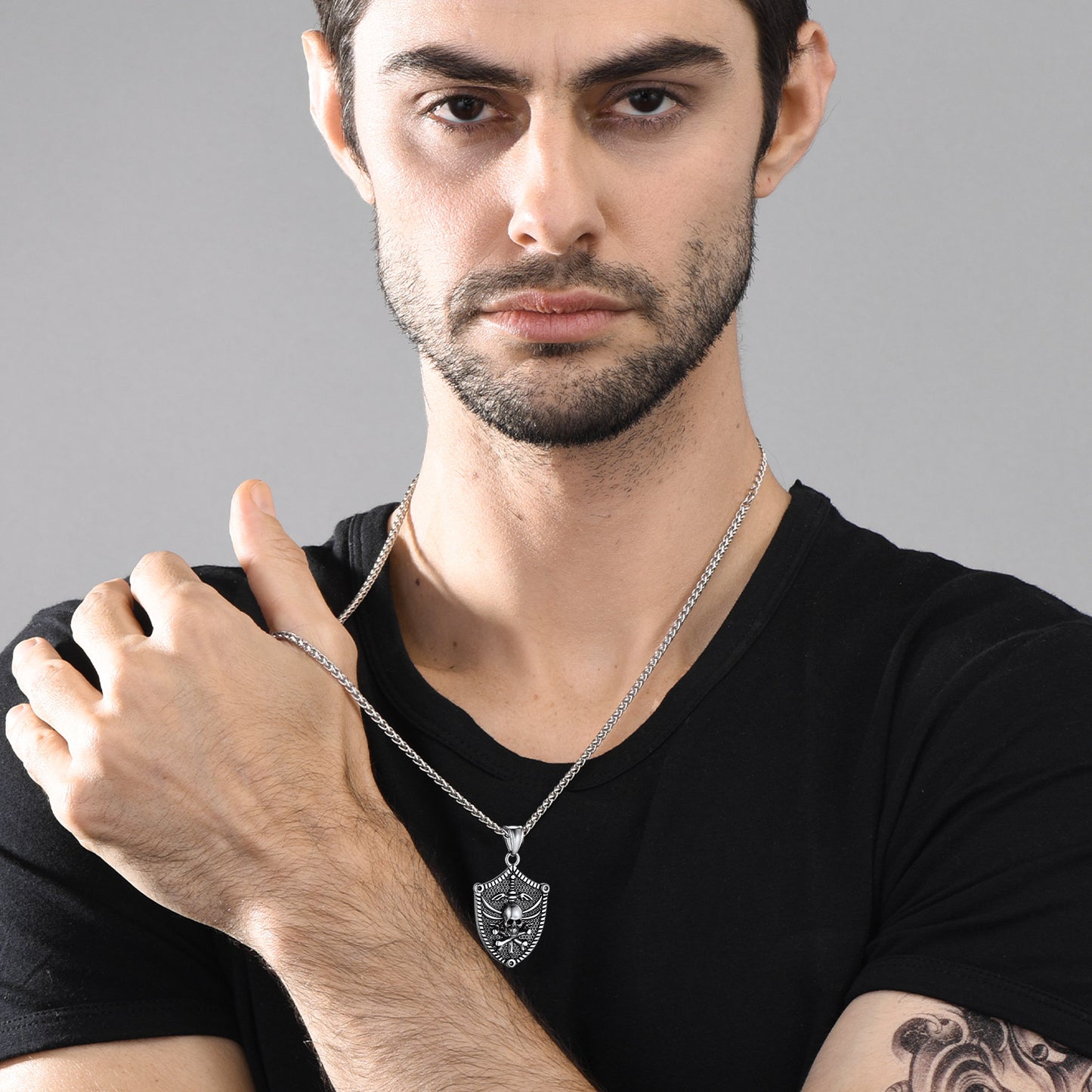 Man wearing Viking Norse Runes Skull Pendant Necklace