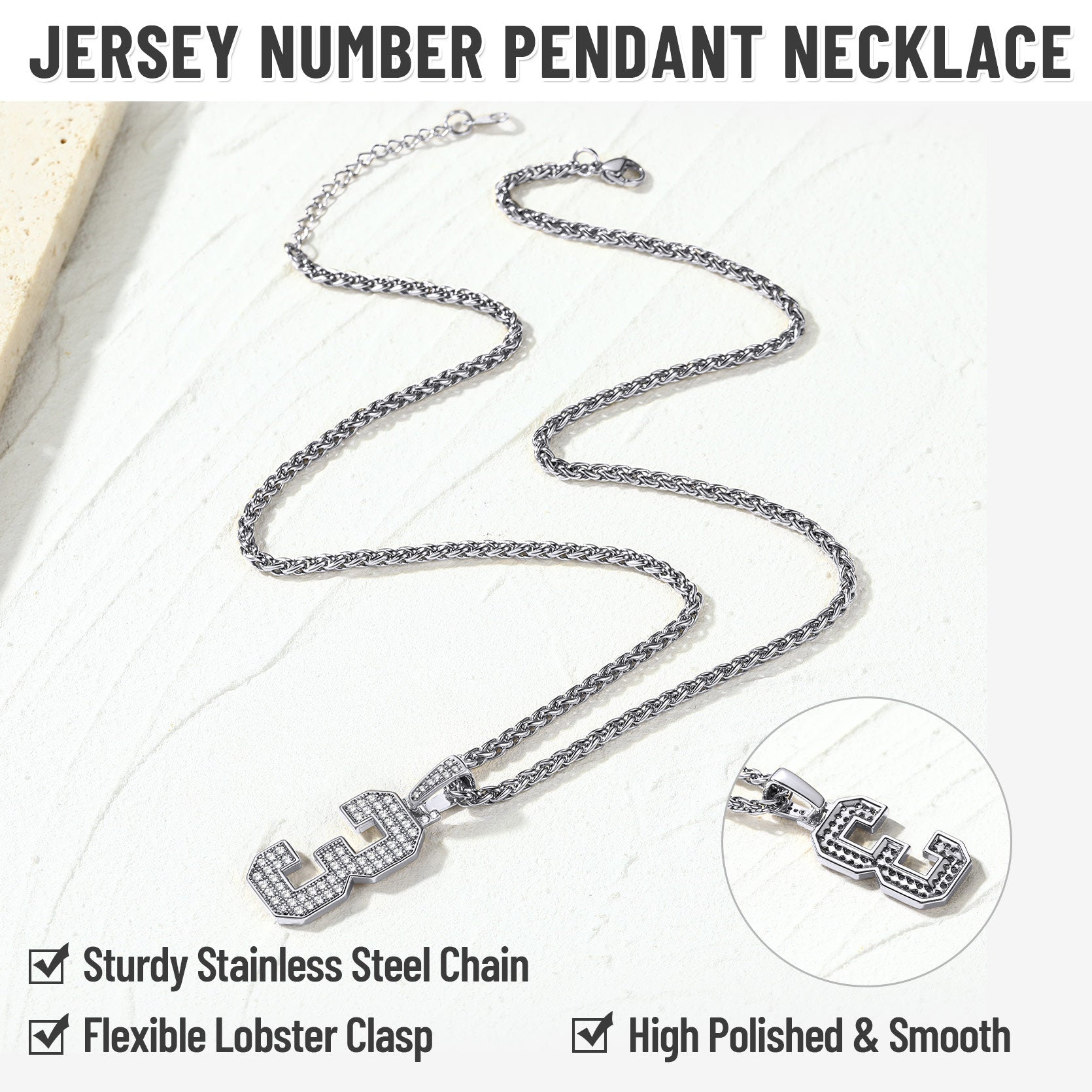 Jersey Number Pendant Necklace with CZ, Stainless Steel, with High Polish